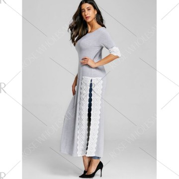 Lace Insert High Slit axi T-shirt - Gray