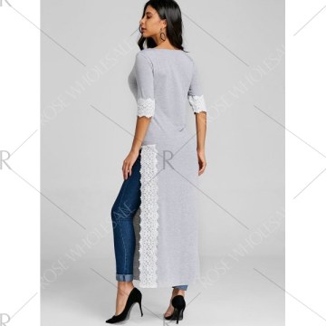Lace Insert High Slit axi T-shirt - Gray
