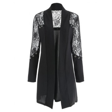 Lace Insert Open Front Cardigan - Black