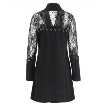 Lace Insert Open Front Cardigan - Black