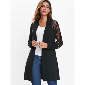 Lace Insert Open Front Cardigan - Black