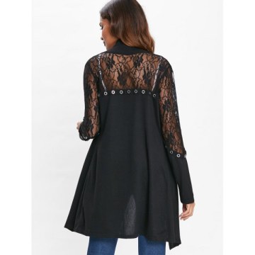 Lace Insert Open Front Cardigan - Black