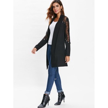 Lace Insert Open Front Cardigan - Black