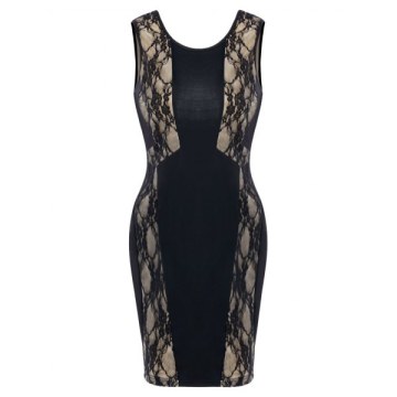 Lace Insert Short Backless Dress - Black