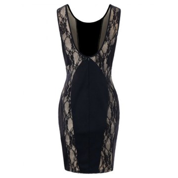 Lace Insert Short Backless Dress - Black