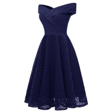 Lace Off Shoulder Flare Party Dress - idnight Blue