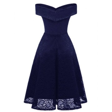 Lace Off Shoulder Flare Party Dress - idnight Blue