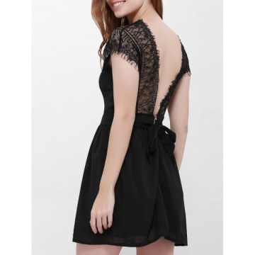 Lace Panel Backless Mini Bridal hower Dress - Black