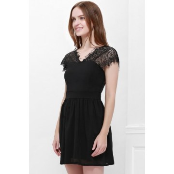 Lace Panel Backless Mini Bridal hower Dress - Black