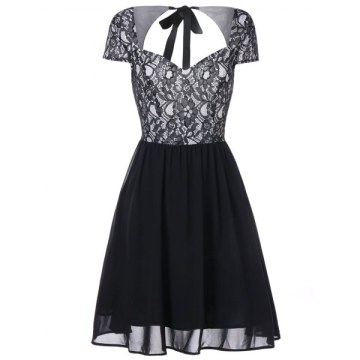 Lace Panel Backless Vintage Dress - Black