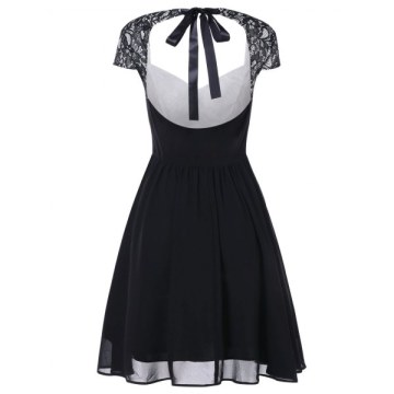 Lace Panel Backless Vintage Dress - Black