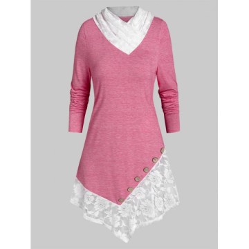 Lace Panel Button arled T Shirt - Rose Red