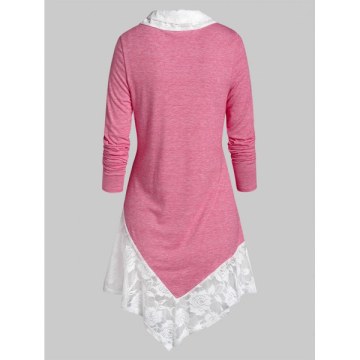 Lace Panel Button arled T Shirt - Rose Red