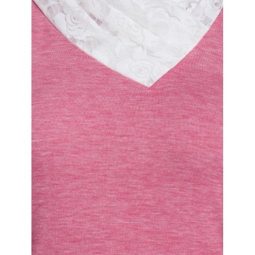 Lace Panel Button arled T Shirt - Rose Red