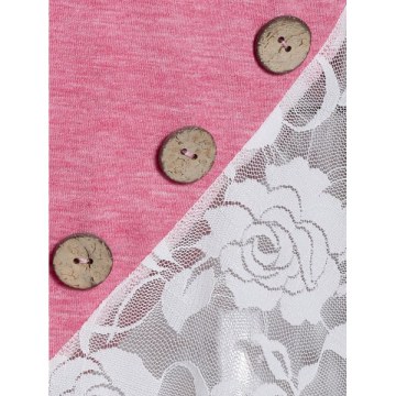 Lace Panel Button arled T Shirt - Rose Red