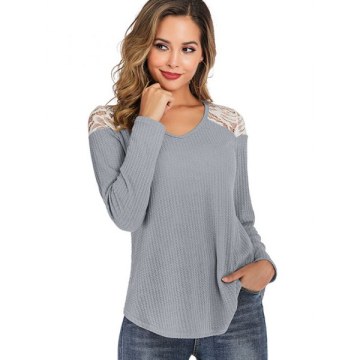 Lace Panel Curved Hem Round Neck Tee - Gray