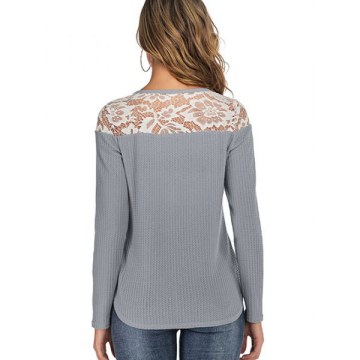 Lace Panel Curved Hem Round Neck Tee - Gray