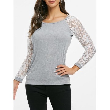 Lace Panel Cut Out Round Neck Tee - Gray Cloud