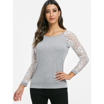 Lace Panel Cut Out Round Neck Tee - Gray Cloud