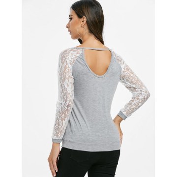 Lace Panel Cut Out Round Neck Tee - Gray Cloud
