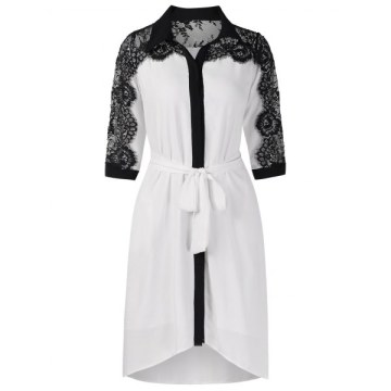 Lace Panel Eyelash Belted Dress - White