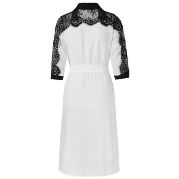 Lace Panel Eyelash Belted Dress - White