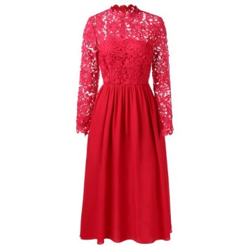 Lace Panel Fit and Flare Long Dress - Red
