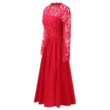 Lace Panel Fit and Flare Long Dress - Red