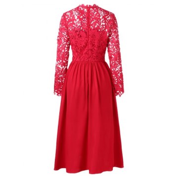 Lace Panel Fit and Flare Long Dress - Red