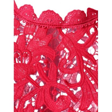 Lace Panel Fit and Flare Long Dress - Red