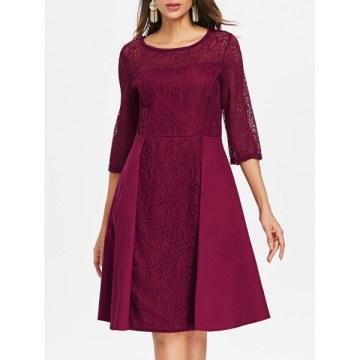 Lace Panel Flared Dress - Red Wine