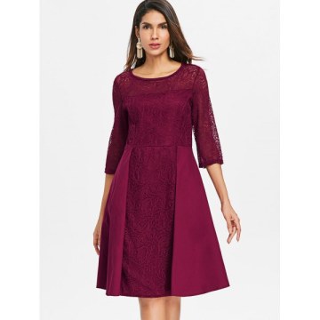 Lace Panel Flared Dress - Red Wine