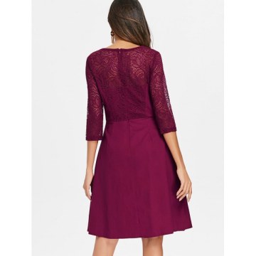 Lace Panel Flared Dress - Red Wine