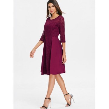 Lace Panel Flared Dress - Red Wine