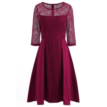 Lace Panel Flared Dress - Red Wine