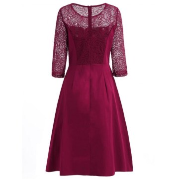 Lace Panel Flared Dress - Red Wine
