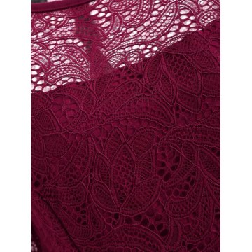 Lace Panel Flared Dress - Red Wine