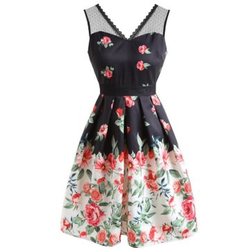 Lace Panel Floral Fit and Flare Dress -