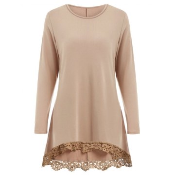Lace Panel High Low Long leeve T-shirt - Khaki