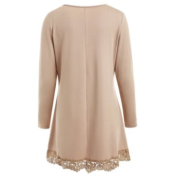 Lace Panel High Low Long leeve T-shirt - Khaki