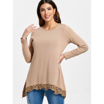 Lace Panel High Low Long leeve T-shirt - Khaki