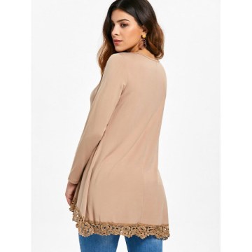 Lace Panel High Low Long leeve T-shirt - Khaki