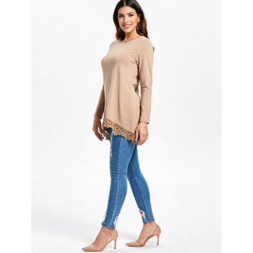 Lace Panel High Low Long leeve T-shirt - Khaki