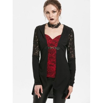 Lace Panel Hooded Longline T-shirt - Black