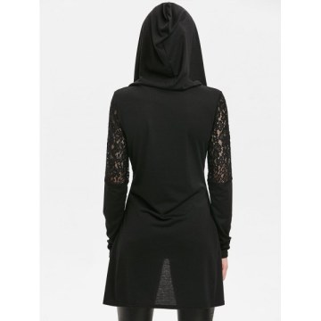 Lace Panel Hooded Longline T-shirt - Black