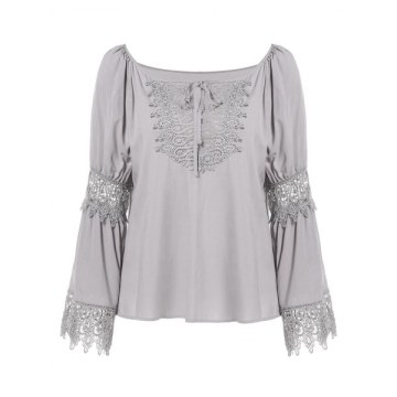 Lace Panel Long Sleeve Blouse with Tie - Light Gray