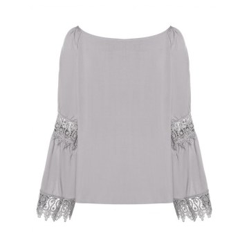 Lace Panel Long Sleeve Blouse with Tie - Light Gray