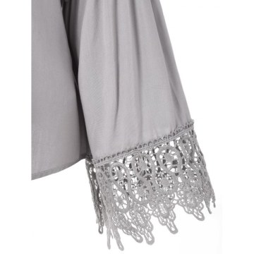 Lace Panel Long Sleeve Blouse with Tie - Light Gray