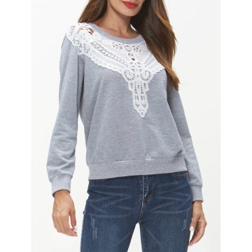 Lace Panel Long Sleeve Sweatshirt - Light Gray