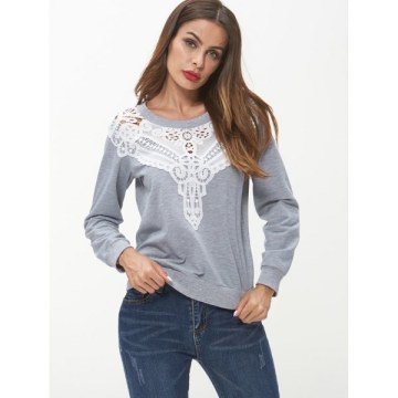 Lace Panel Long Sleeve Sweatshirt - Light Gray